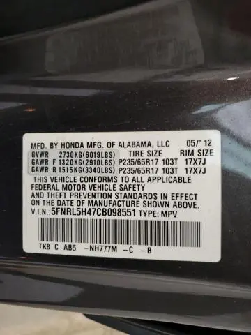2012 HONDA ODYSSEY EX  