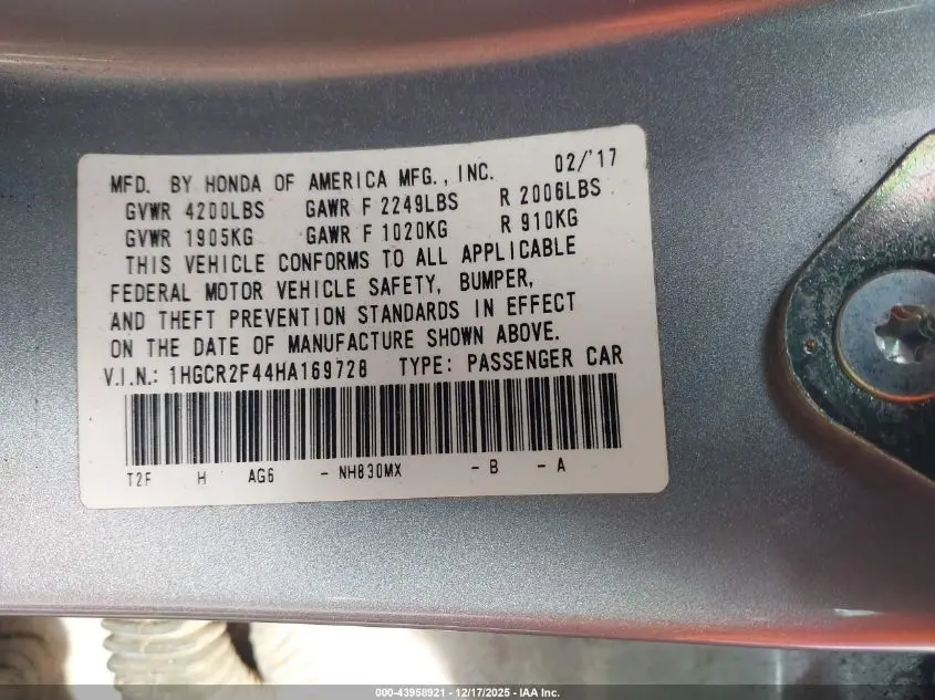 2017 HONDA ACCORD LX