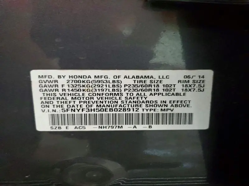 2014 HONDA PILOT EXL  