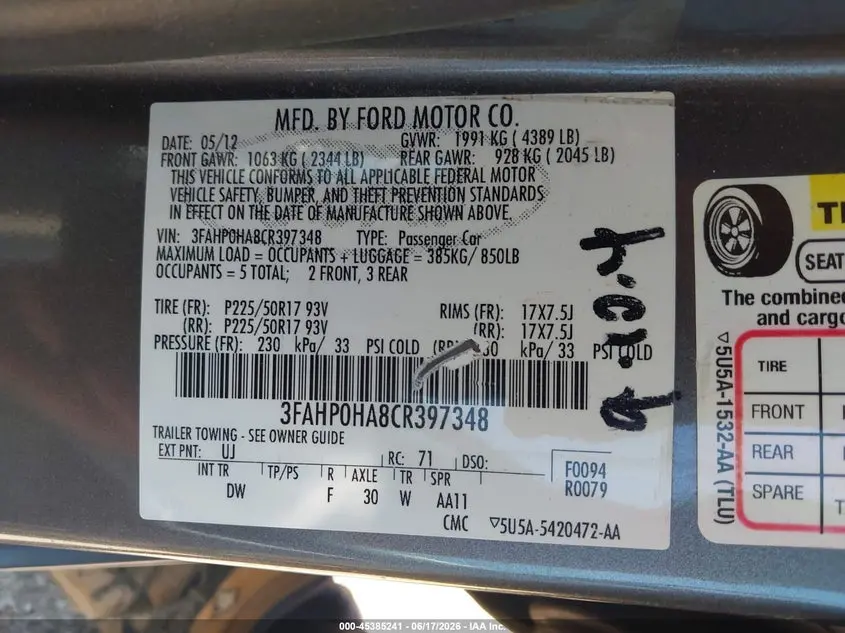 2012 FORD FUSION SE