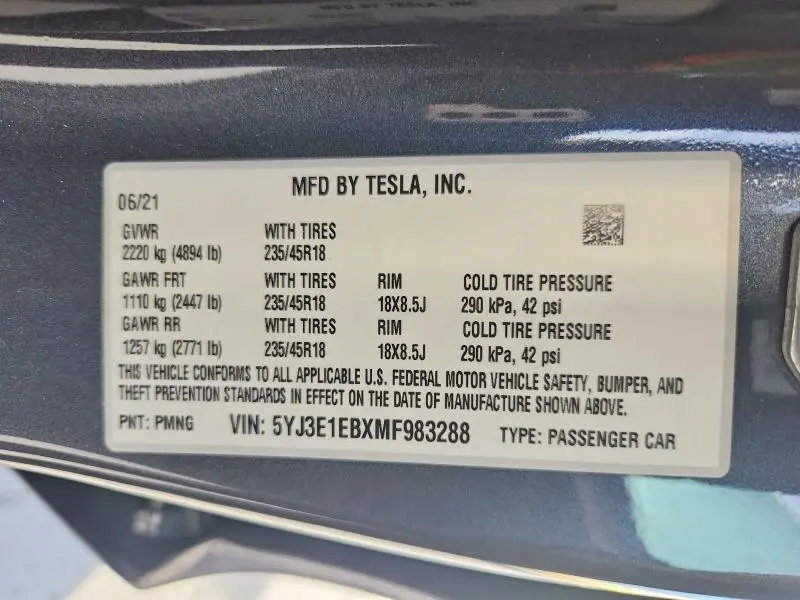 2021 TESLA MODEL 3   