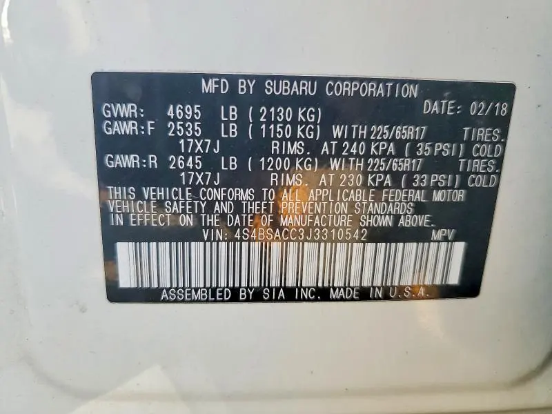 2018 SUBARU OUTBACK 2.5I PREMIUM  