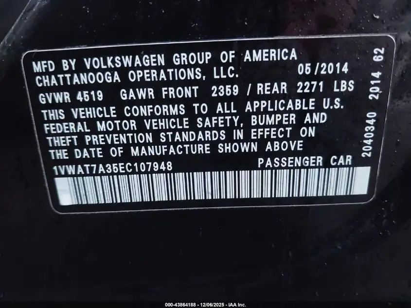 2014 VOLKSWAGEN PASSAT 1.8T WOLFSBURG EDITION