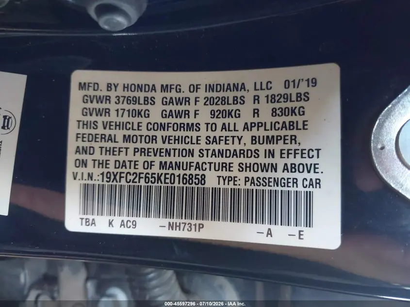 2019 HONDA CIVIC LX