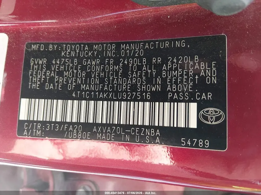 2020 TOYOTA CAMRY LE