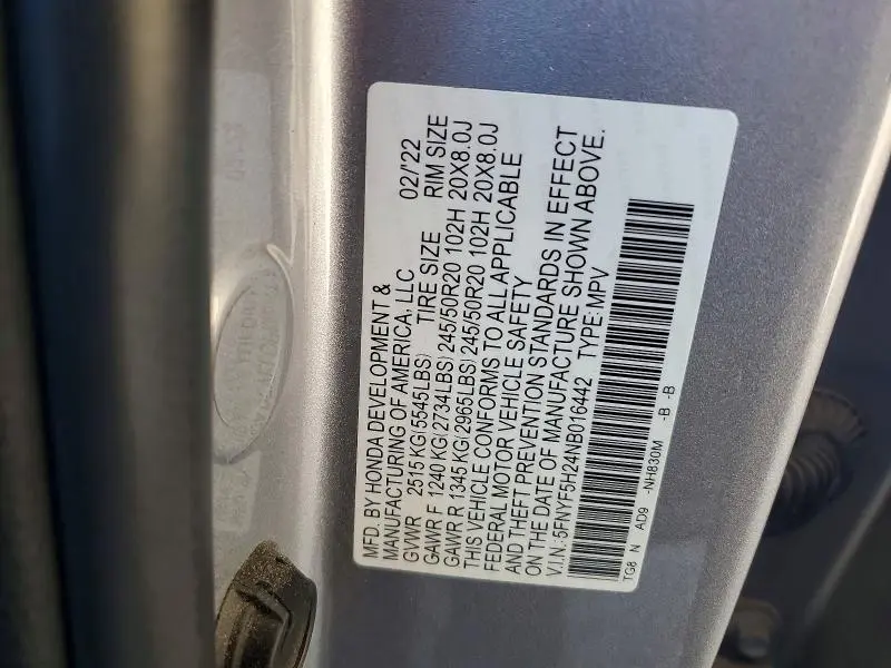 2022 HONDA PILOT SE  