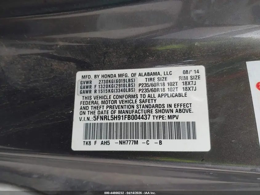 2015 HONDA ODYSSEY TOURING/TOURING ELITE