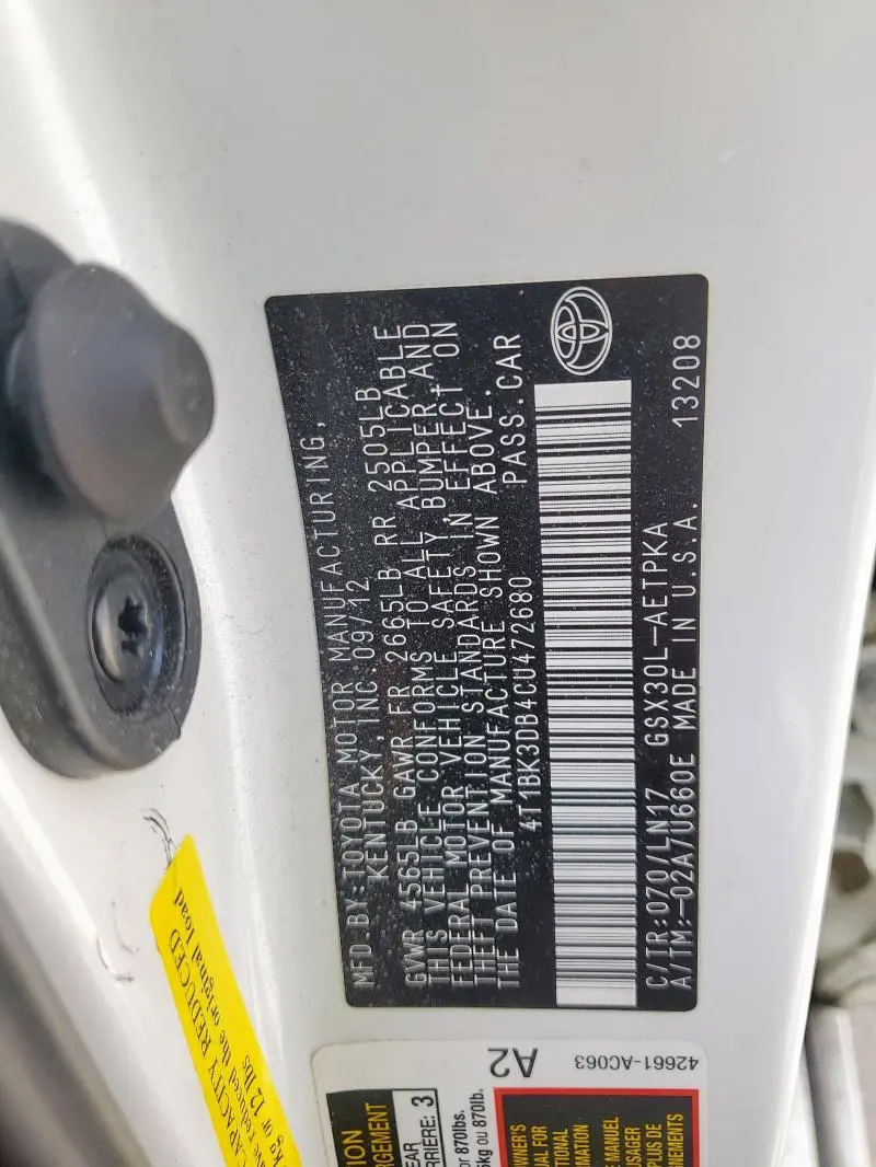 2012 TOYOTA AVALON BASE  