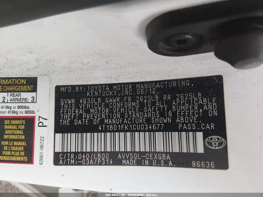 2012 TOYOTA CAMRY HYBRID XLE