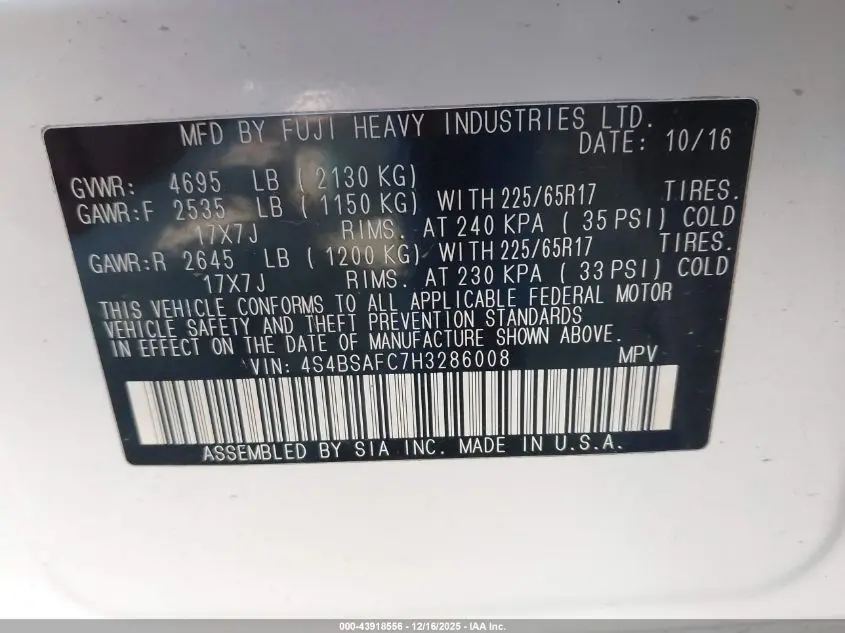 2017 SUBARU OUTBACK 2.5I PREMIUM