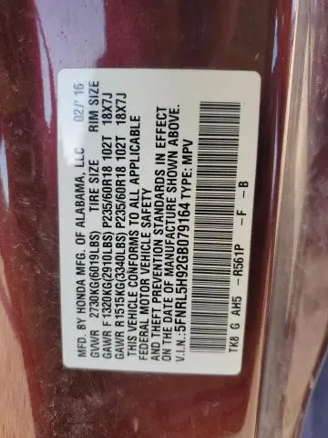 2016 HONDA ODYSSEY TOURING  