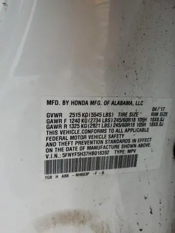 2017 HONDA PILOT EX  