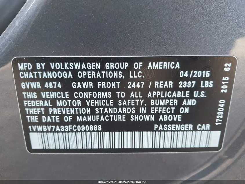 2015 VOLKSWAGEN PASSAT 2.0L TDI SE