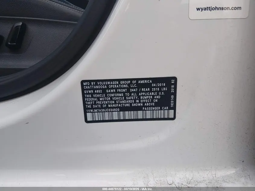 2018 VOLKSWAGEN PASSAT 3.6L V6 GT