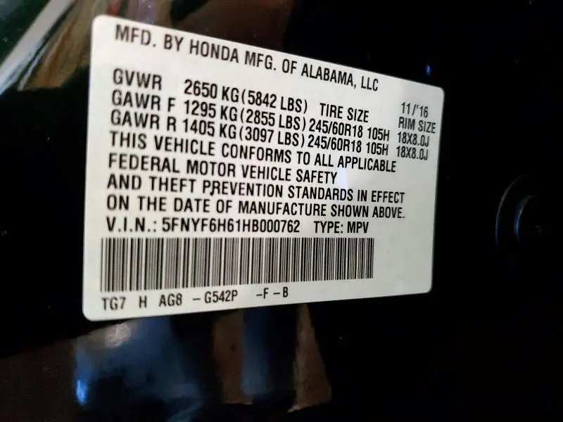 2017 HONDA PILOT EXL  