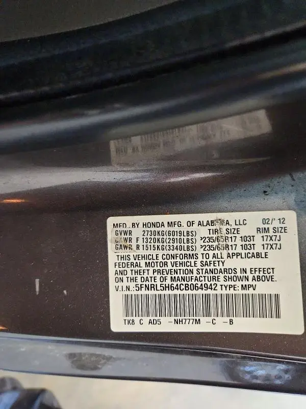 2012 HONDA ODYSSEY EXL  