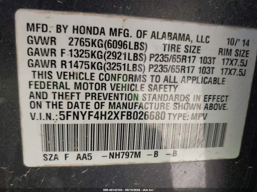 2015 HONDA PILOT LX