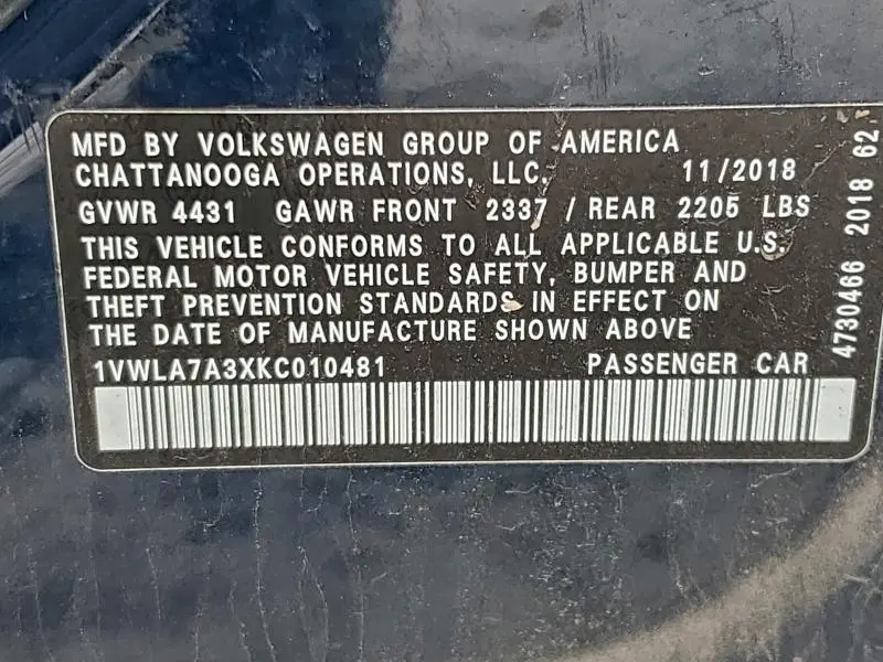 2019 VOLKSWAGEN PASSAT WOLFSBURG  