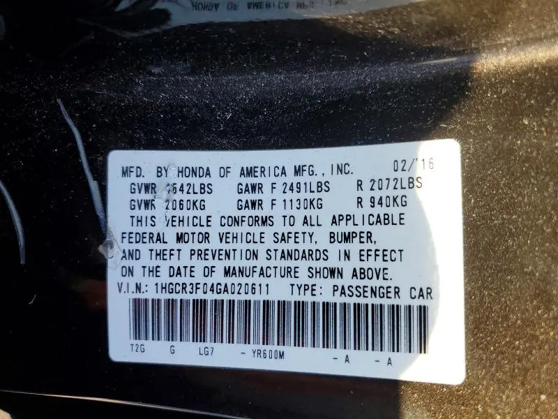 2016 HONDA ACCORD EXL  