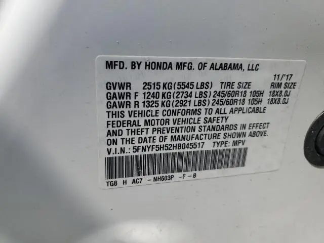 2017 HONDA PILOT EXL  