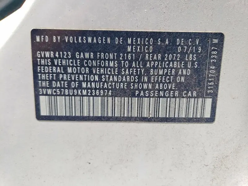 2019 VOLKSWAGEN JETTA S  