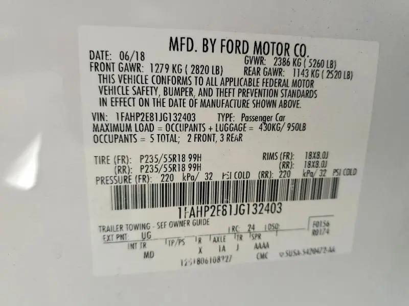 2018 FORD TAURUS SEL  