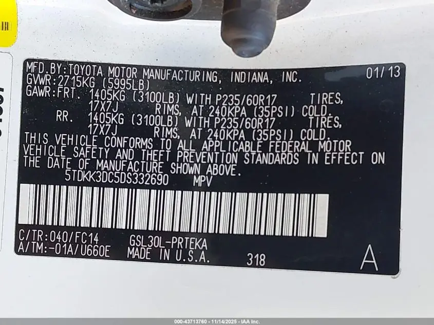 2013 TOYOTA SIENNA LE V6 8 PASSENGER