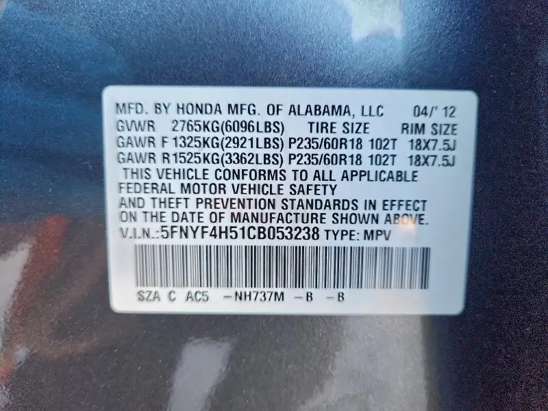 2012 HONDA PILOT EXL  