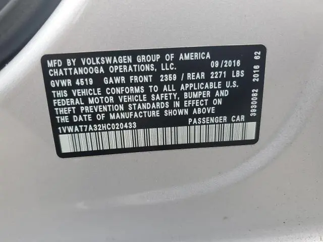 2017 VOLKSWAGEN PASSAT S