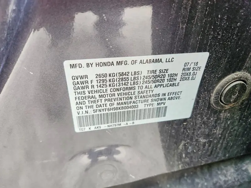 2019 HONDA PILOT TOURING  