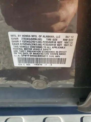 2012 HONDA PILOT EXL  