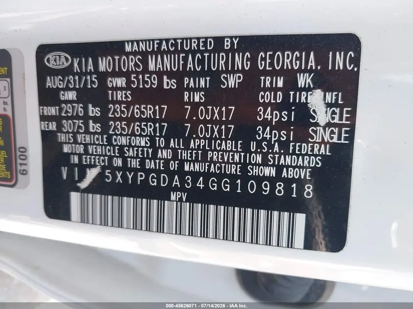 2016 KIA SORENTO 2.4L LX