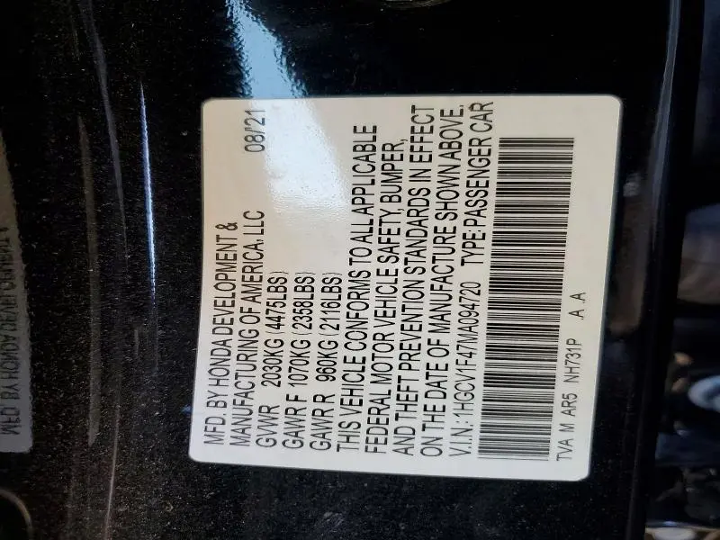 2021 HONDA ACCORD SPORT SE  