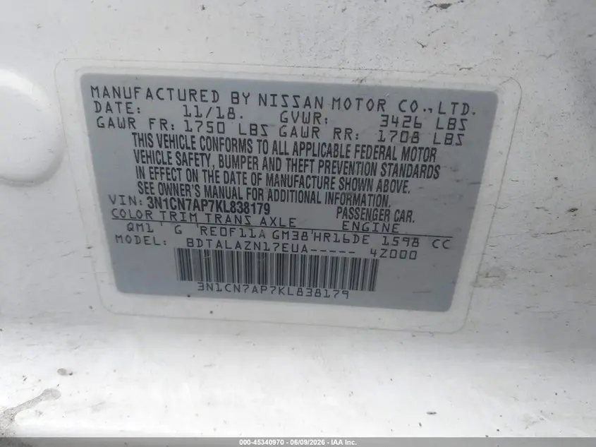 2019 NISSAN VERSA 1.6 S+