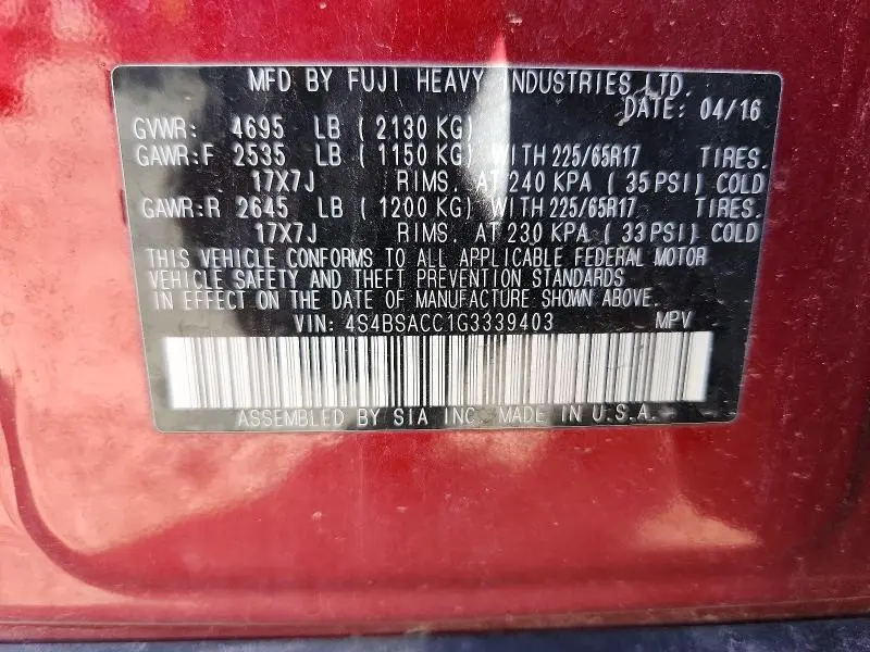 2016 SUBARU OUTBACK 2.5I PREMIUM  