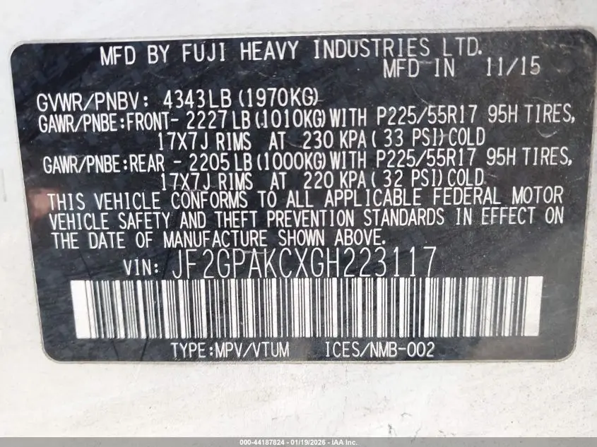 2016 SUBARU CROSSTREK 2.0I LIMITED