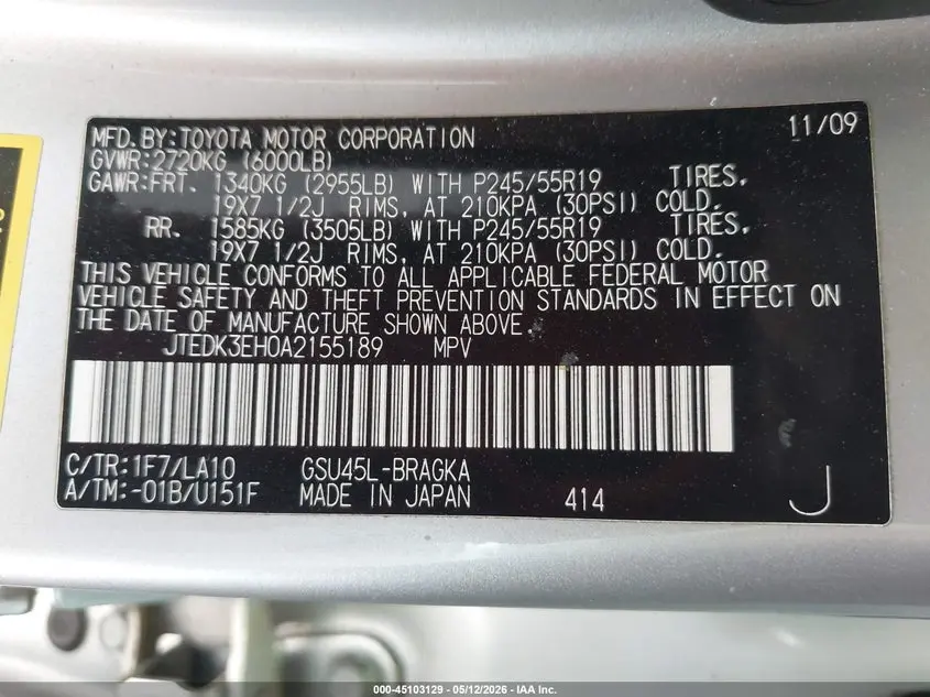 2010 TOYOTA HIGHLANDER LIMITED V6