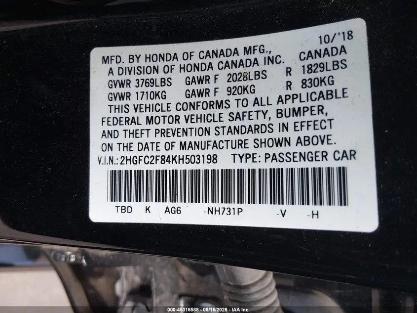 2019 HONDA CIVIC SPORT