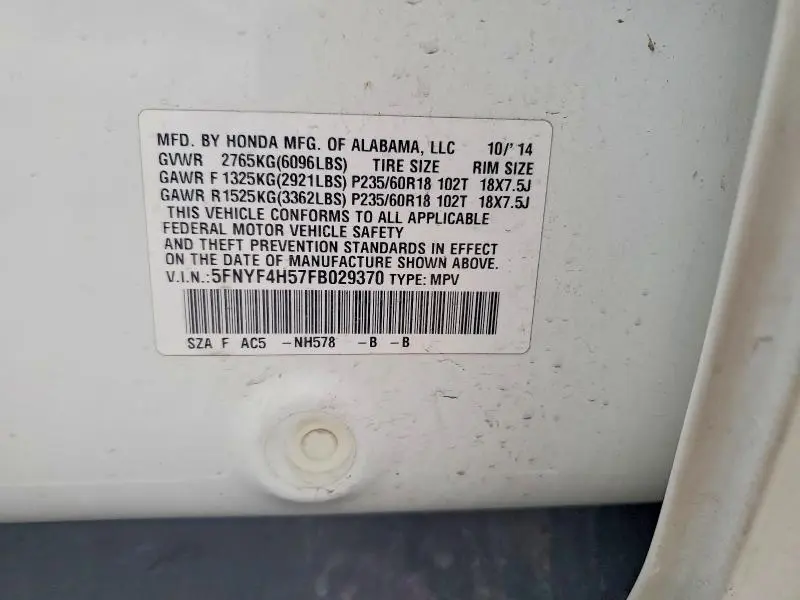 2015 HONDA PILOT EXL  