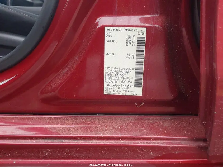 2016 NISSAN ALTIMA 2.5/2.5 S/2.5 SL/2.5 SR/2.5 SV