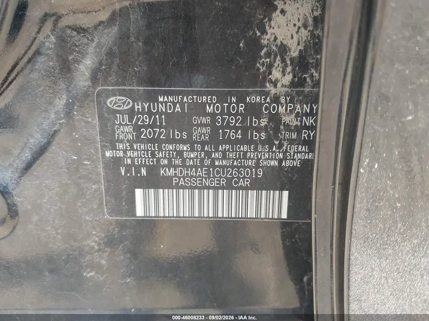 2012 HYUNDAI ELANTRA LIMITED (ULSAN PLANT)