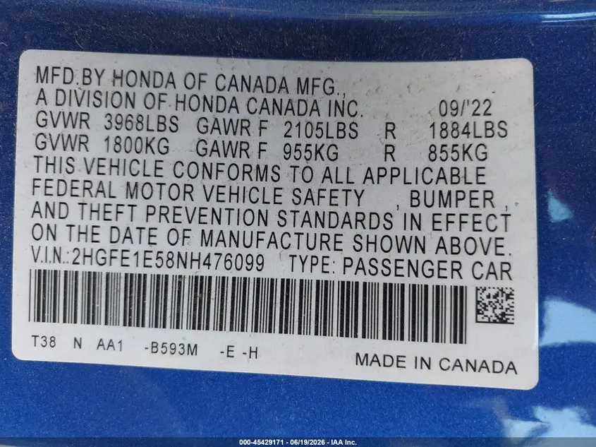 2022 HONDA CIVIC SI SEDAN