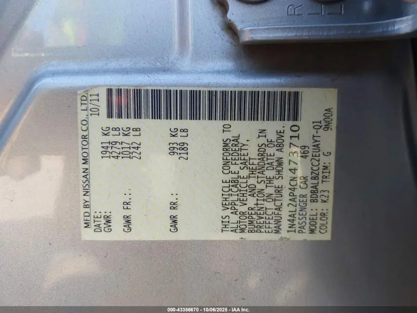 2012 NISSAN ALTIMA 2.5 S