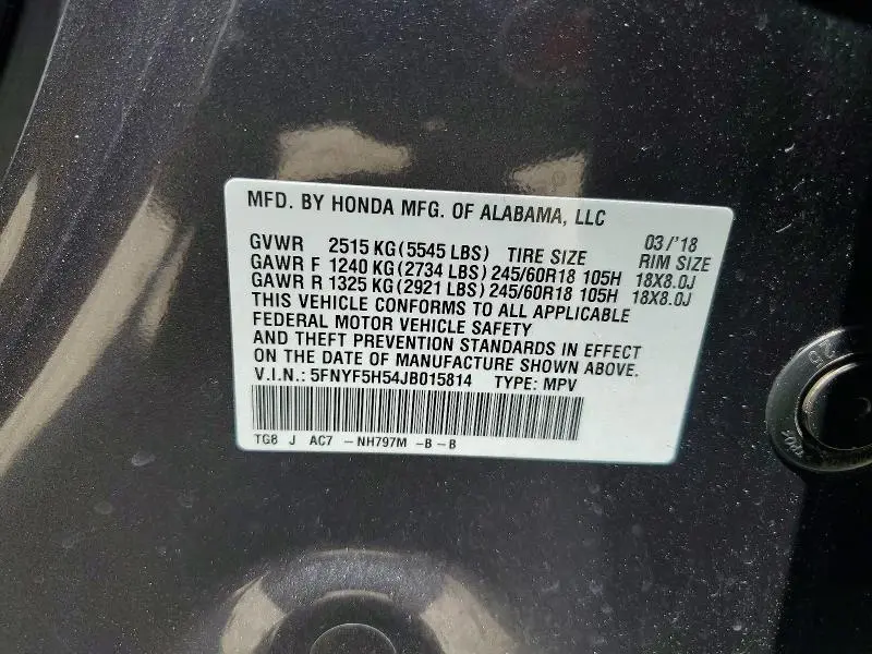 2018 HONDA PILOT EXL  
