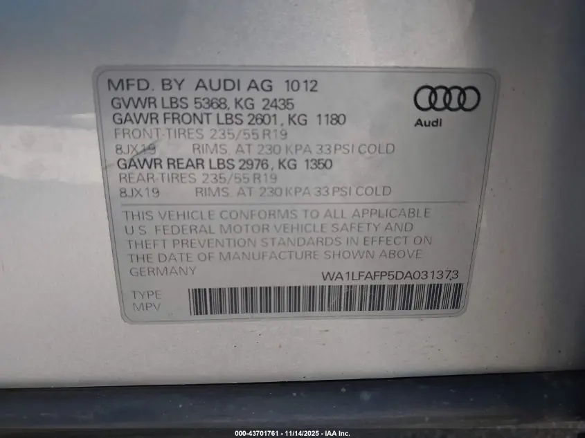 2013 AUDI Q5 2.0T PREMIUM