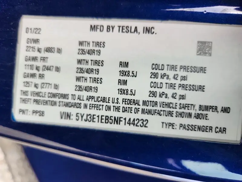 2022 TESLA MODEL 3   