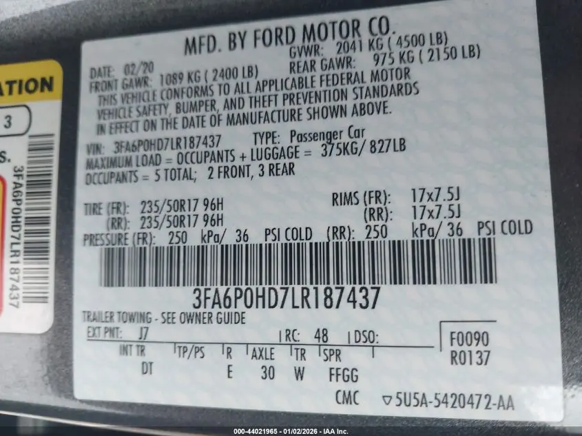 2020 FORD FUSION SE