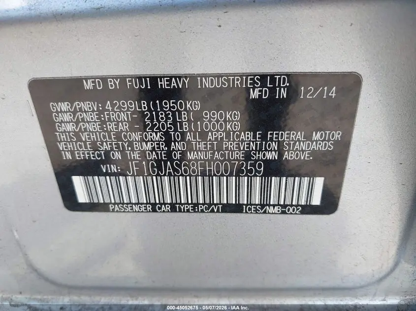 2015 SUBARU IMPREZA 2.0I LIMITED