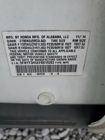 2015 HONDA PILOT EXL  