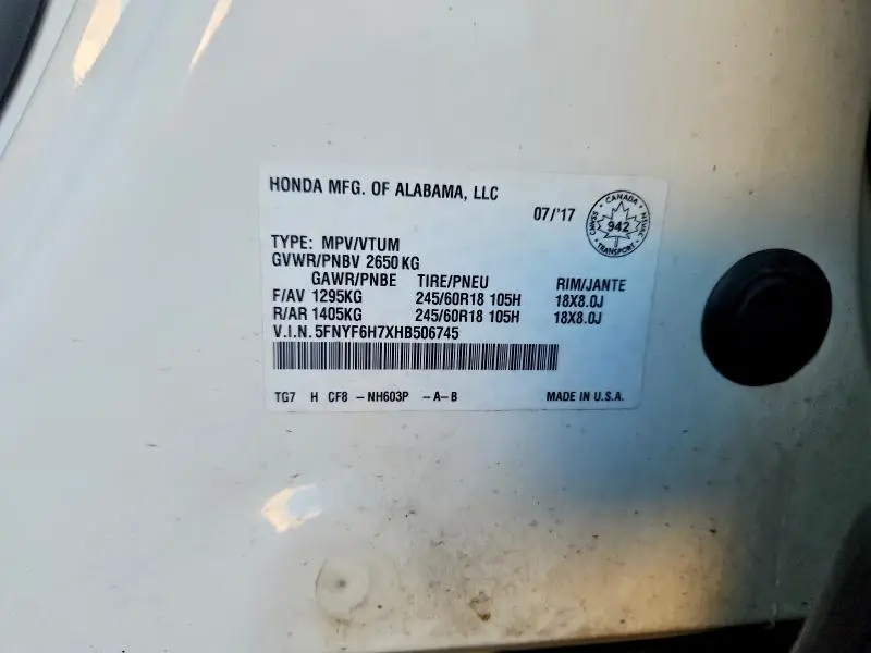 2017 HONDA PILOT EXLN  